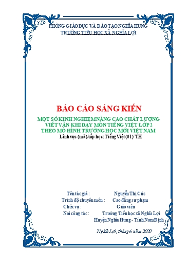 SKKN Nâng cao chất lượng viết văn khi dạy môn Tiếng Việt Lớp 2 theo mô hình trường học mới Việt Nam SKKN Nâng cao chất lượng viết văn khi dạy môn Tiếng Việt Lớp 2 theo mô hình trường học mới Việt Nam