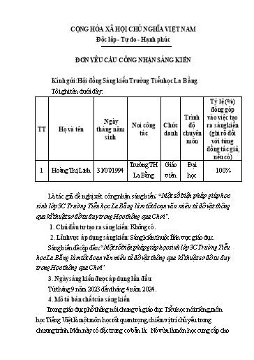 Đơn công nhận SKKN Một số biện pháp giúp học sinh Lớp 3C trường Tiểu học La Bằng làm tốt đoạn văn miêu tả đồ vật thông qua kĩ thuật sơ đồ tư duy trong học thông qua chơi Đơn công nhận SKKN Một số biện pháp giúp học sinh Lớp 3C trường Tiểu học La Bằng làm tốt đoạn văn miêu tả đồ vật thông qua kĩ thuật sơ đồ tư duy trong học thông qua chơi