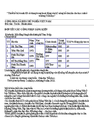 Đơn công nhận SKKN Thiết kế bộ tranh 3D sử dụng trong hoạt động rèn kỹ năng kể chuyện cho học sinh ở trường Tiểu học