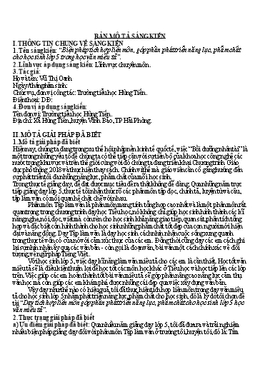 Mô tả SKKN Biện pháp tích hợp liên môn, góp phần phát triển năng lực, phẩm chất cho học sinh Lớp 5 trong học văn miêu tả Mô tả SKKN Biện pháp tích hợp liên môn, góp phần phát triển năng lực, phẩm chất cho học sinh Lớp 5 trong học văn miêu tả