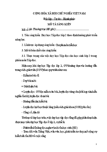 Mô tả SKKN Dạy học Tập đọc Lớp 2 theo định hướng phát triển năng lực Mô tả SKKN Dạy học Tập đọc Lớp 2 theo định hướng phát triển năng lực